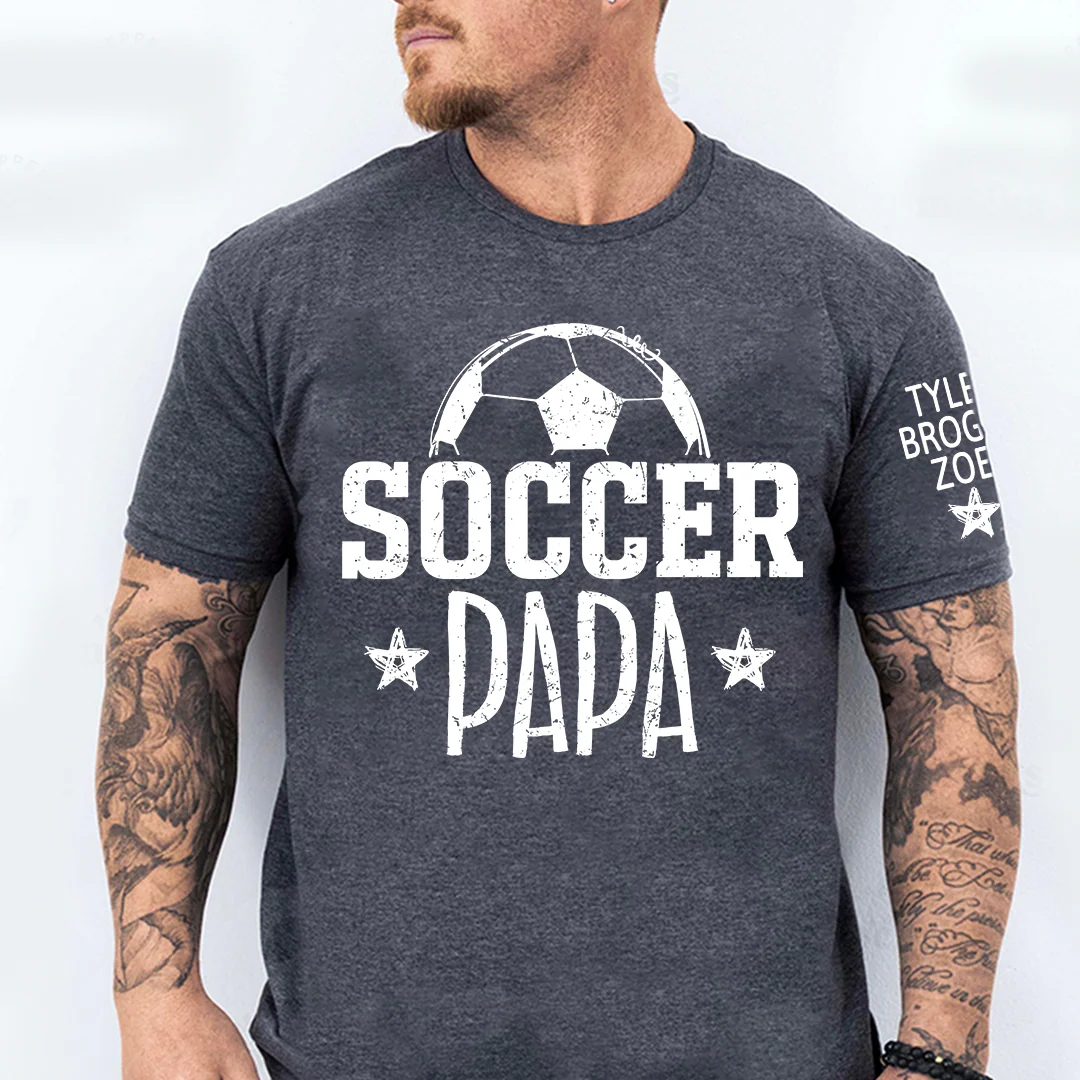 Soccer Papa Shirt, Personalized Soccer Dad T-Shirt, Custom Names on Sleeve, Gift For Grandpa