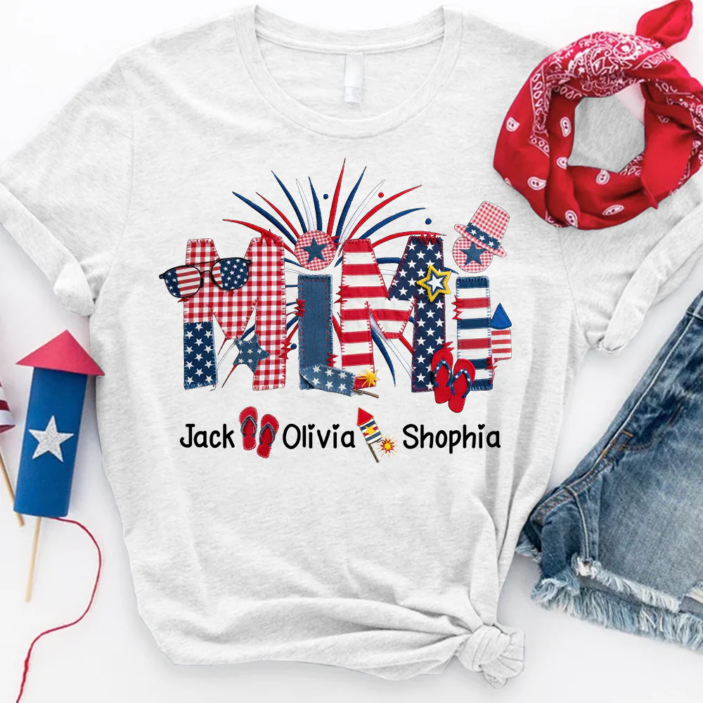Custom Mimi Fourth of July T Shirt, USA Flag and Fireworks Theme, Personalized Gift