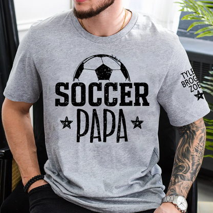 Soccer Papa Shirt, Personalized Soccer Dad T-Shirt, Custom Names on Sleeve, Gift For Grandpa