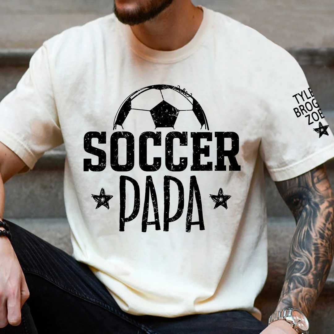Soccer Papa Shirt, Personalized Soccer Dad T-Shirt, Custom Names on Sleeve, Gift For Grandpa