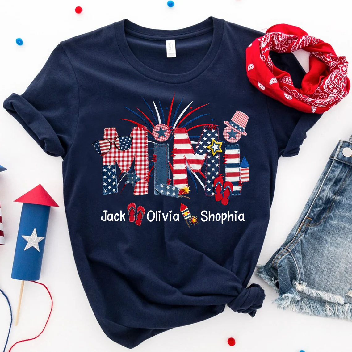 Custom Mimi Fourth of July T Shirt, USA Flag and Fireworks Theme, Personalized Gift