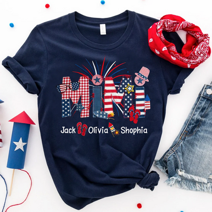 Custom Mimi Fourth of July T Shirt, USA Flag and Fireworks Theme, Personalized Gift