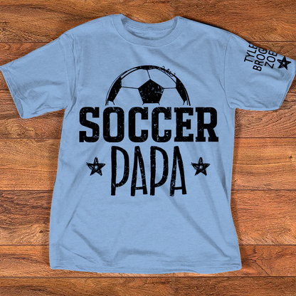 Soccer Papa Shirt, Personalized Soccer Dad T-Shirt, Custom Names on Sleeve, Gift For Grandpa