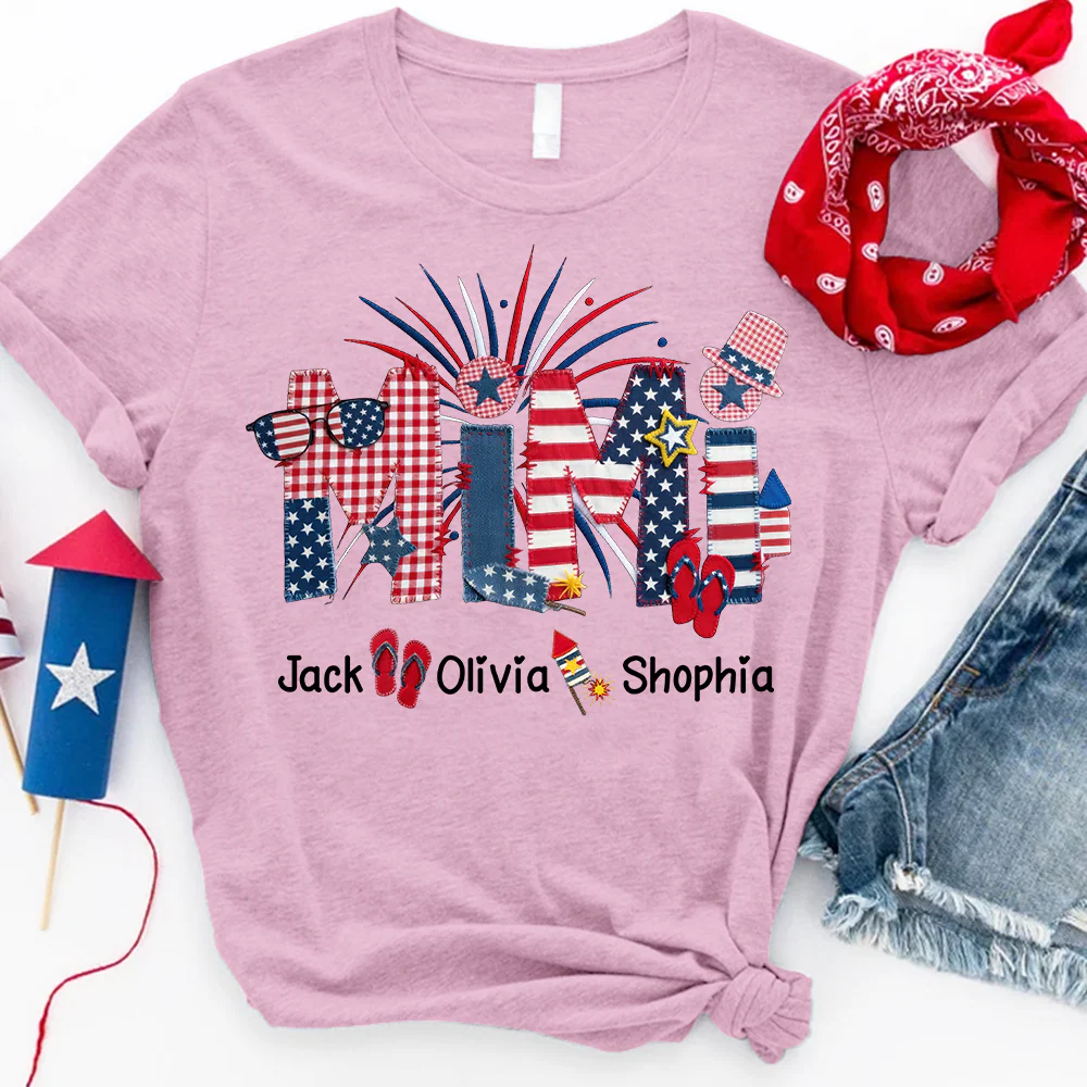 Custom Mimi Fourth of July T Shirt, USA Flag and Fireworks Theme, Personalized Gift