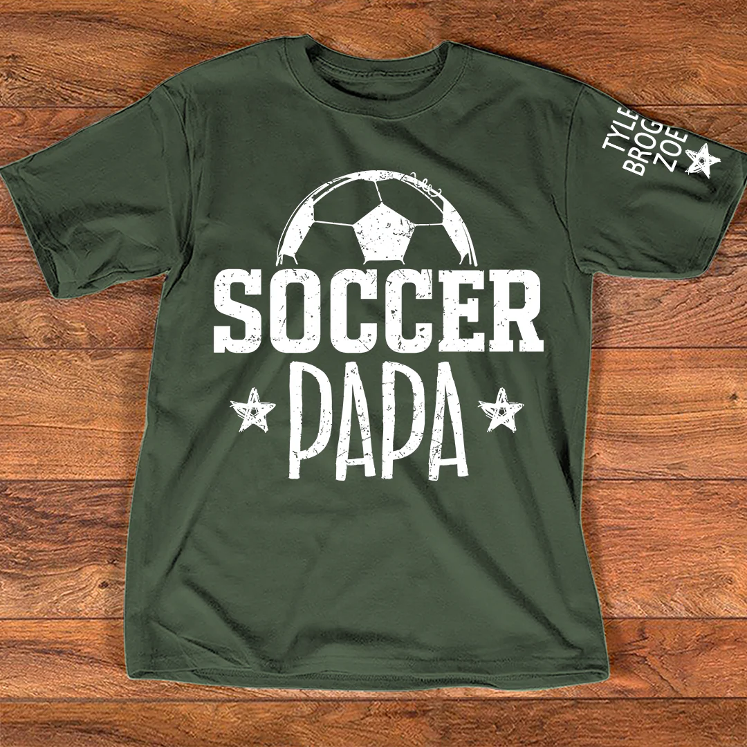 Soccer Papa Shirt, Personalized Soccer Dad T-Shirt, Custom Names on Sleeve, Gift For Grandpa