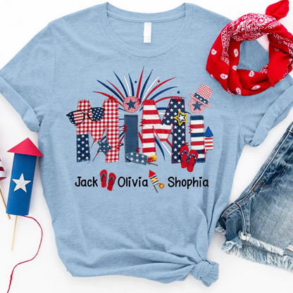 Custom Mimi Fourth of July T Shirt, USA Flag and Fireworks Theme, Personalized Gift
